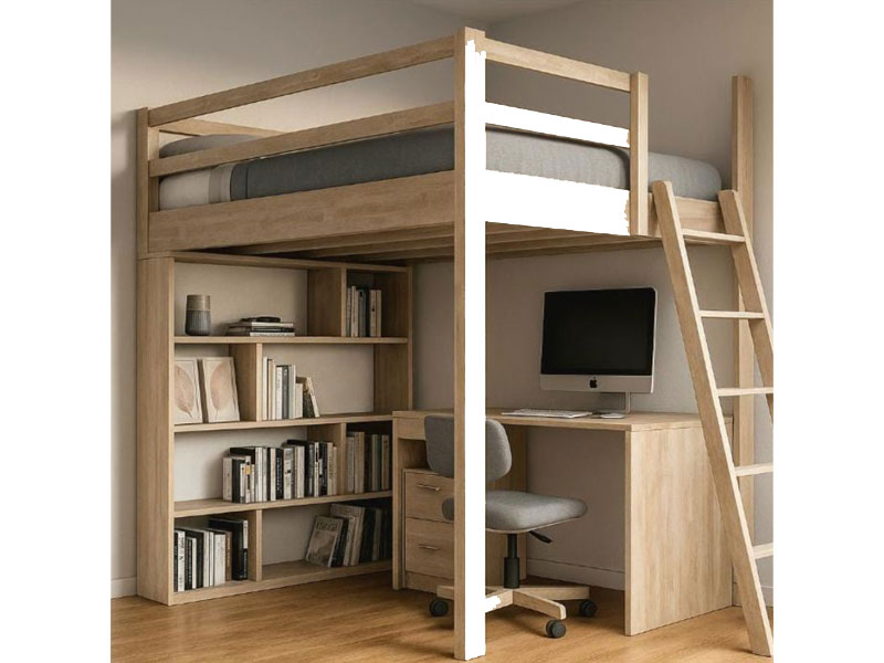 Mezzanine aus Holz nach Maß mit Platte in fester Höhe und mit Bücherregal