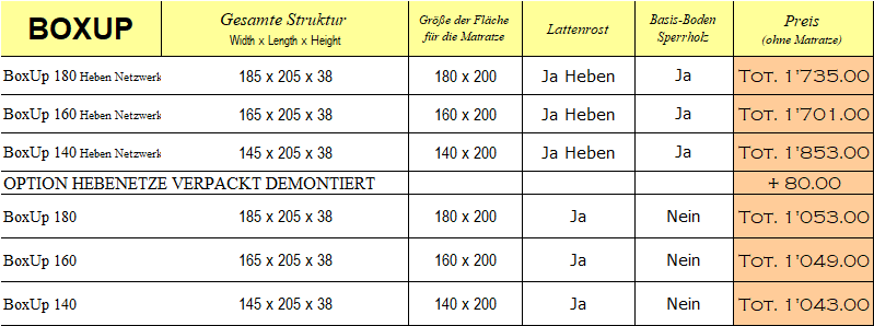  Preisliste Bett - Boxup
