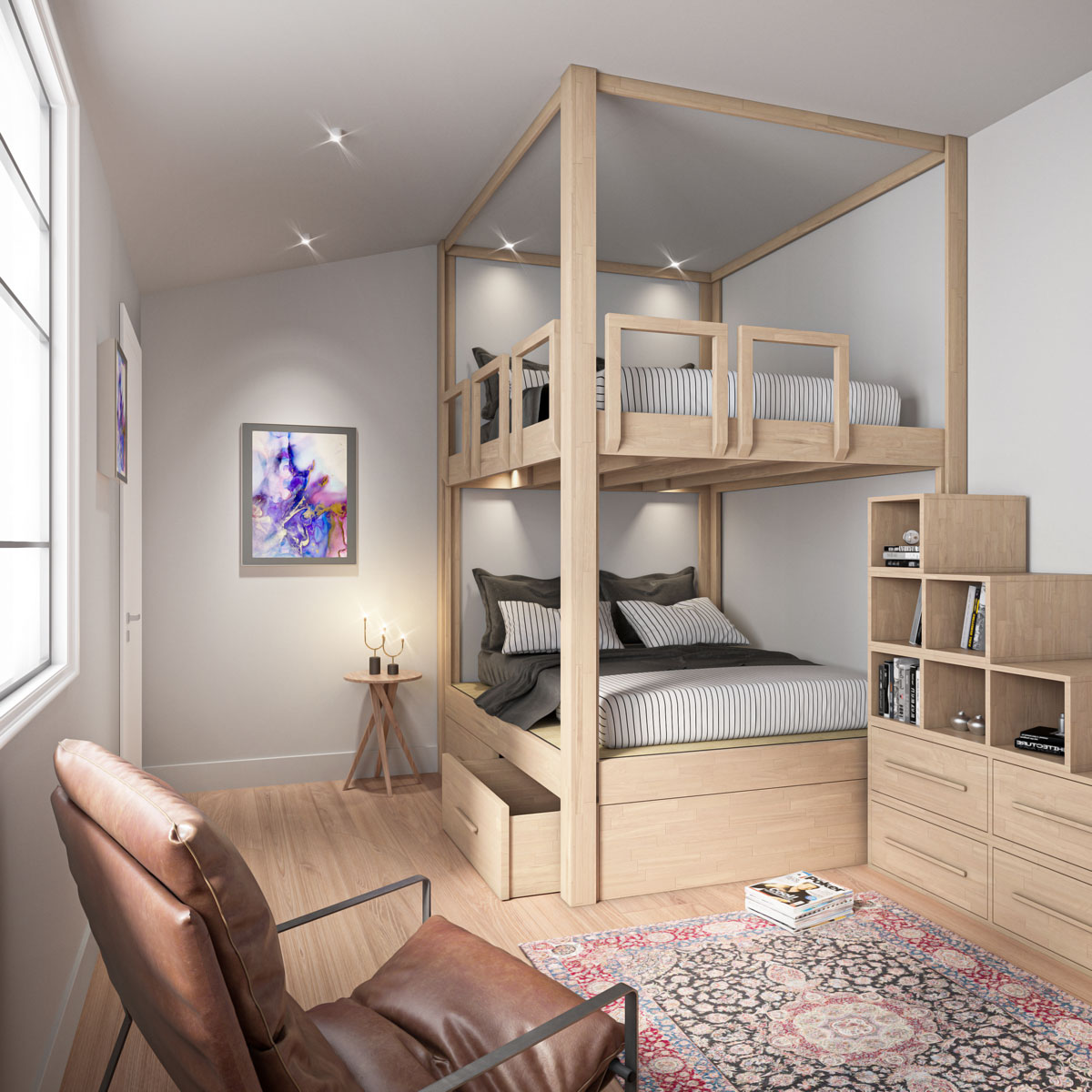 Yen-E Queen Bunk Bed with drawers - pull-out bed underneath - Cube Ladder