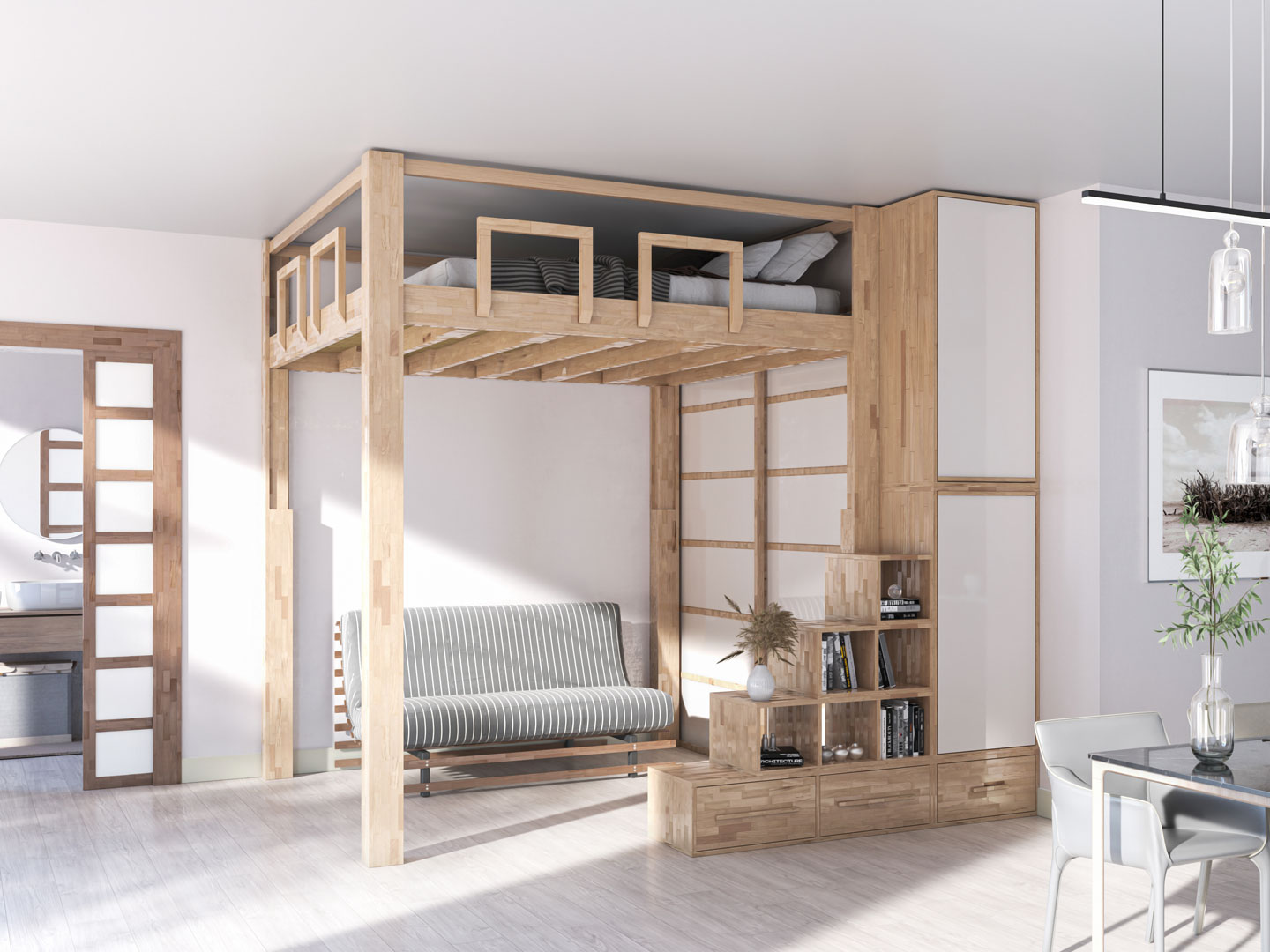 Rising mezzanine bed with electrically adjustable height, in a high position