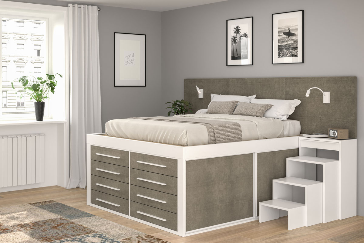Textile SpazioBed - 8 drawers, 2 sliding doors, headboard and telescopic ladder. Drawers, sliding doors and headboard are lined in fabric