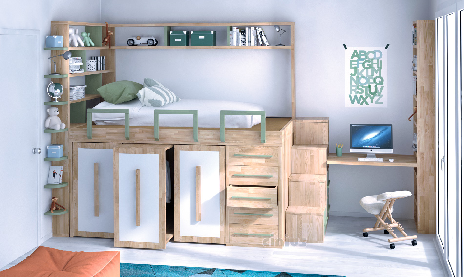 SpazioBed - Young SpazioBed with desk, Green - with 5 drawers, 3 wardrobe pull-out trolleys and pull-out desk. Natural wood color