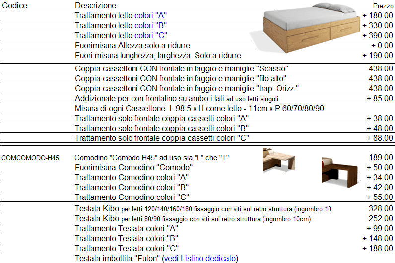 Listino prezzi letto Eco di Cinius