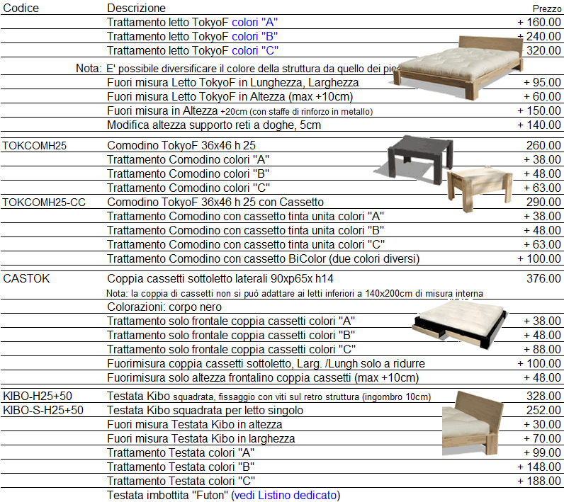 Listino prezzi letto Tokio F di Cinius