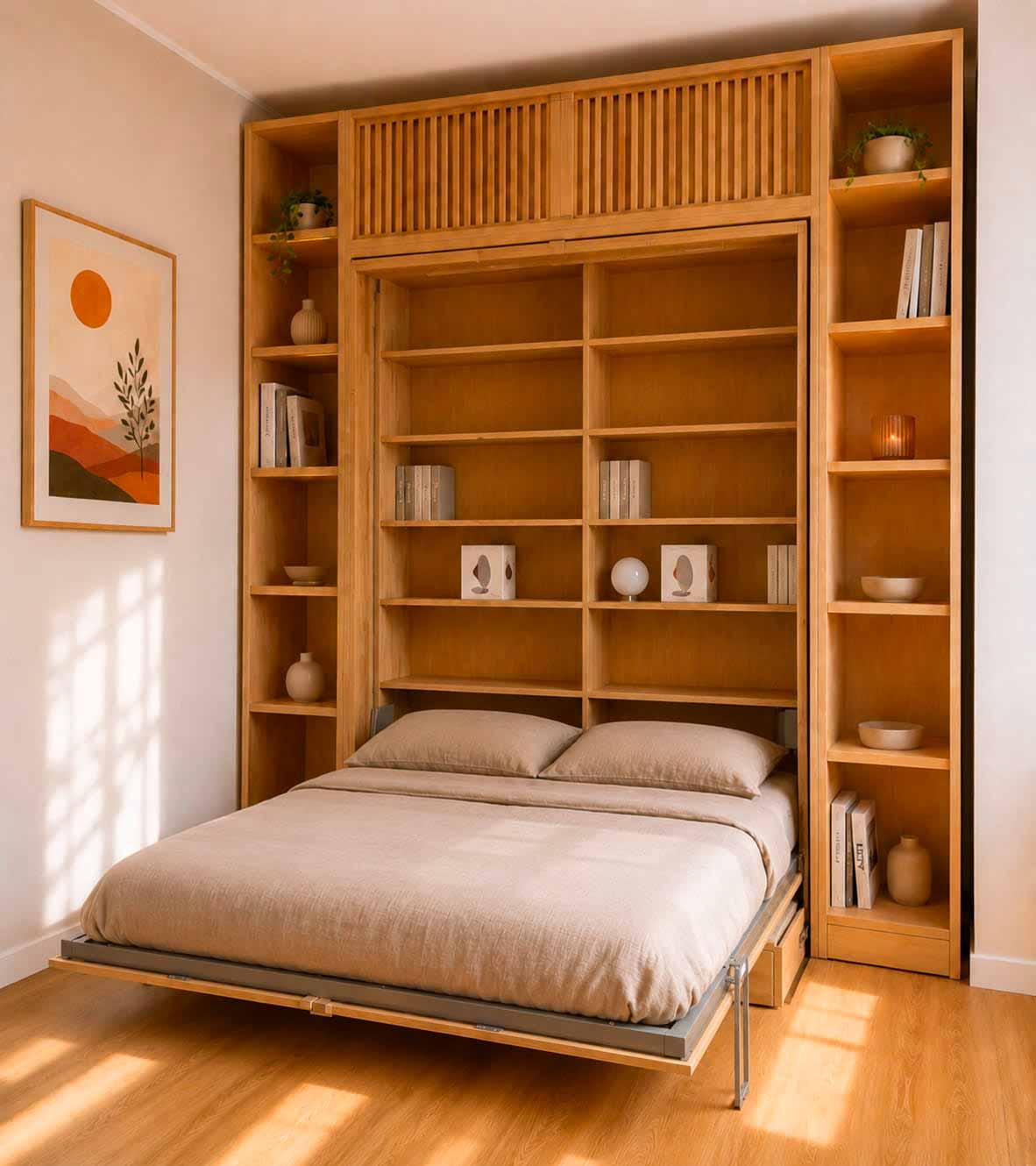 Letto a scomparsa con bacchetti verticali: aperto