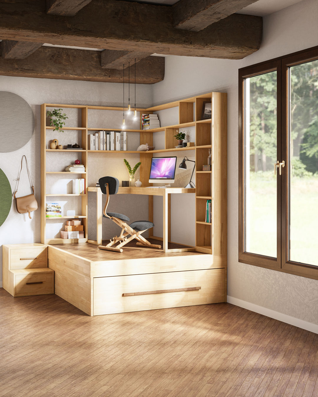 Studio rialzato con letto nascosto sotto: configurazione giorno