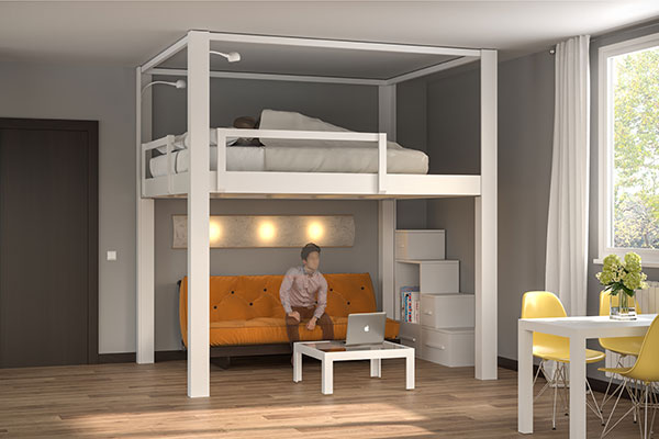 Letto a soppalco Rising ad altezza regolabile elettricamente, in posizione bassa