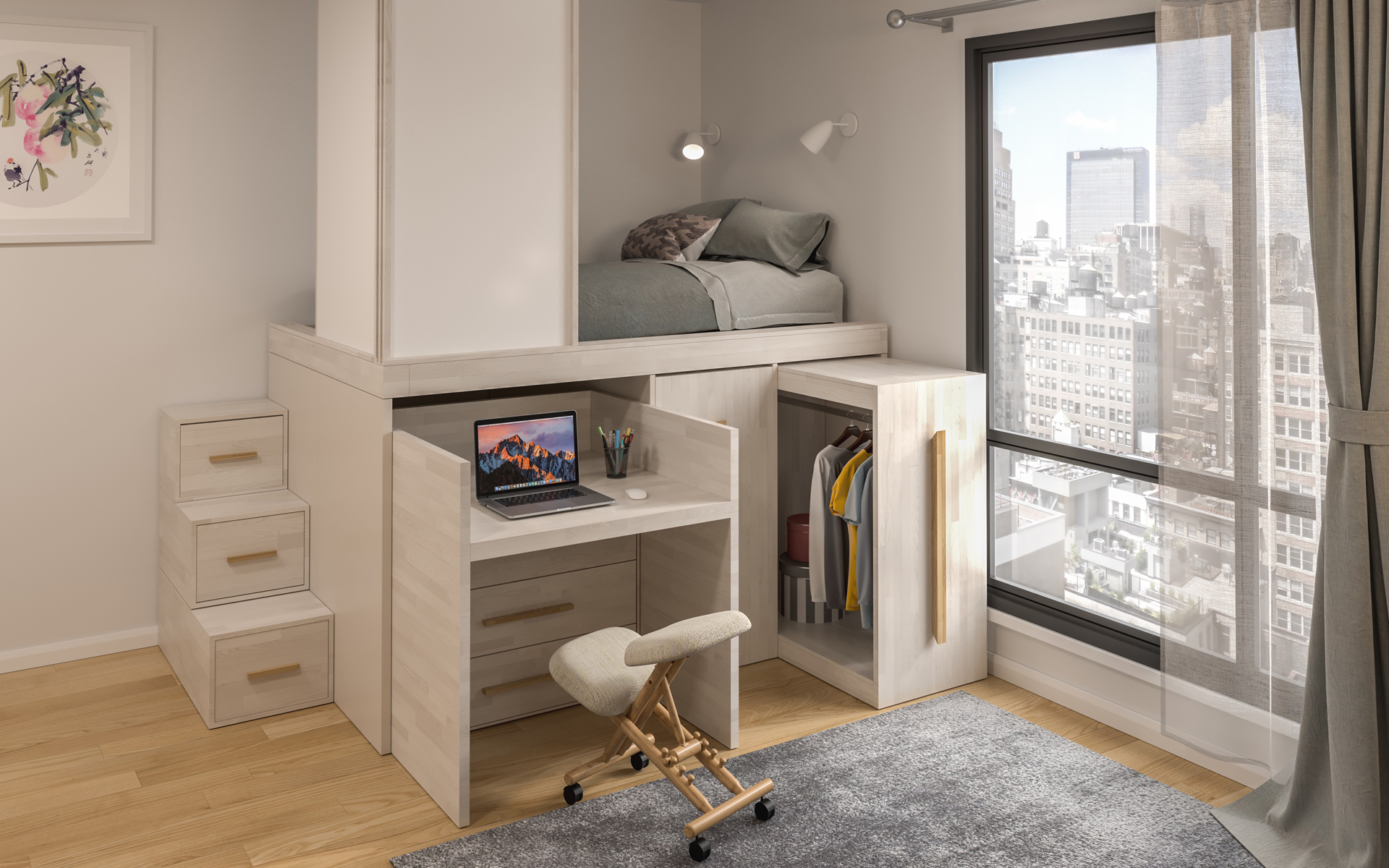 SPAZIOBED_ Lit Gain de Place: Deux lits, un bureau et deux tiroirs
