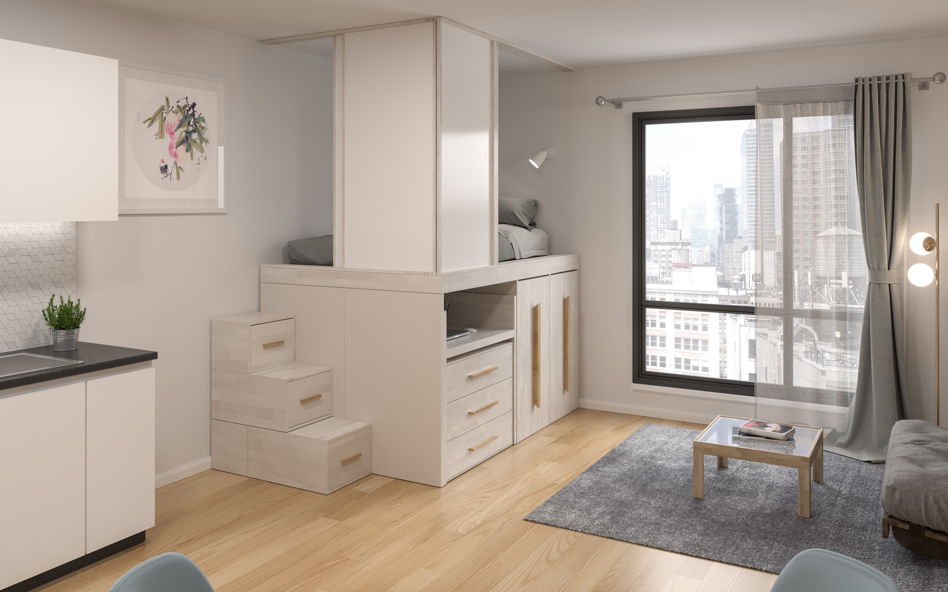 SPAZIOBED_ Lit Gain de Place: Deux lits, un bureau et deux tiroirs