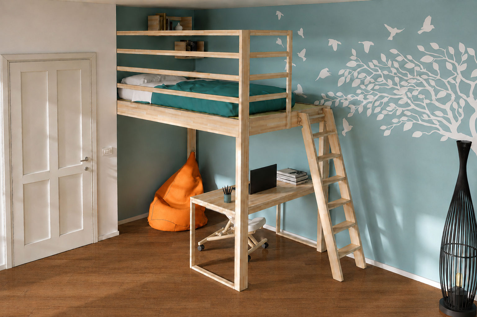 Letto a soppalco Casa su Albero, in legno con scala a pioli